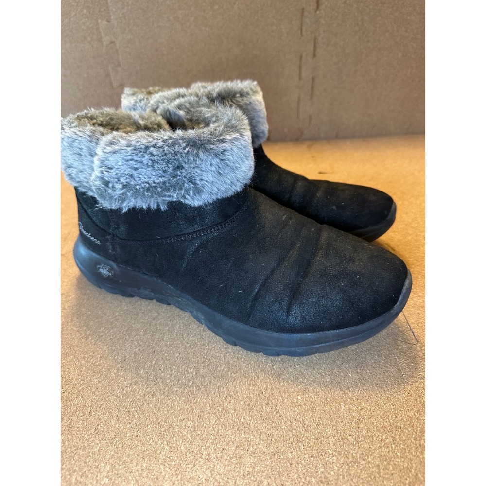 Skechers On the GO Joy Womens 9 Black Faux Fur Trim Winter Ankle Boots Slip On